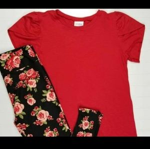 Lularoe Medium Red Olive Top And Floral OS One Size Leggings New